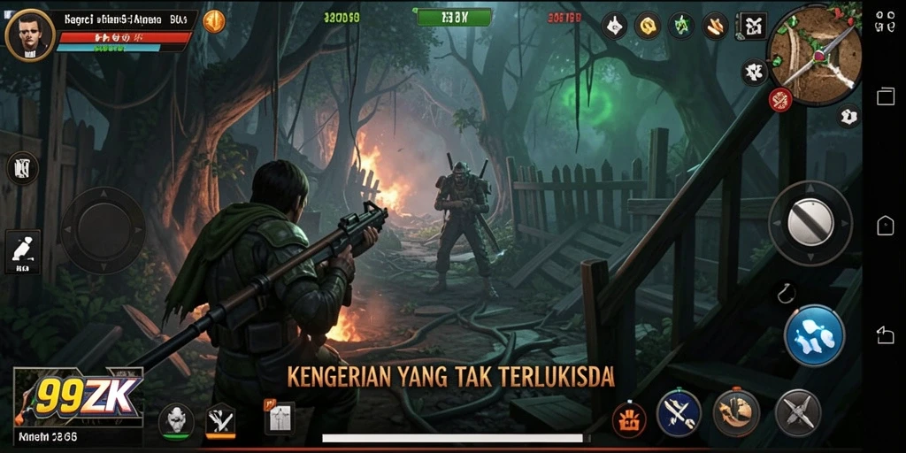 Screenshot menunjukkan suasana mencekam dalam gameplay 99ZK.