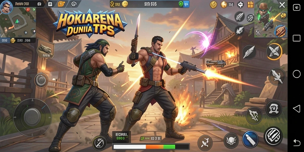Screenshot HOKIARENA menampilkan aksi pertempuran yang intens dalam game TPS.
