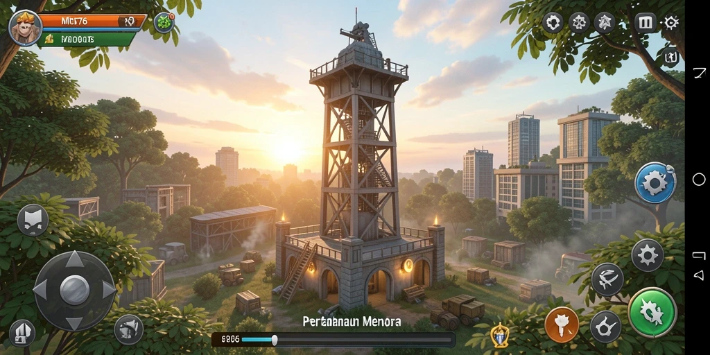 Tampilan gameplay seru dari MPO76 dengan menara yang strategis.