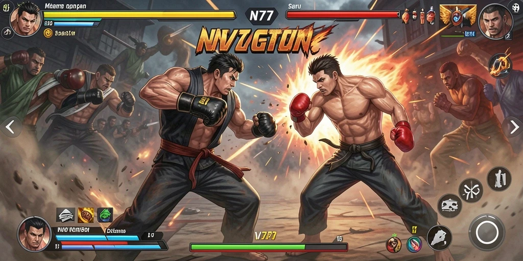 Tangkapan layar utama NV77 dengan aksi Fighting yang intens.