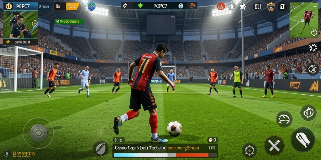 Tampilan utama gameplay PCPC7 yang seru dan penuh aksi di lapangan sepak bola.