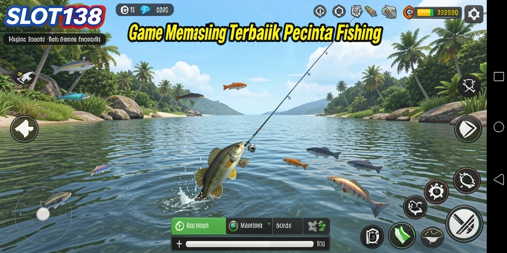 Screenshot gameplay menunjukkan pemain menangkap ikan besar dalam suasana laut yang indah.